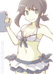  1girl akara_kai bikini bikini_skirt black_eyes black_hair cowboy_shot frilled_bikini frills fubuki_(kancolle) highres kantai_collection long_hair low_ponytail one-hour_drawing_challenge ponytail short_ponytail sidelocks simple_background solo swimsuit white_background white_bikini 