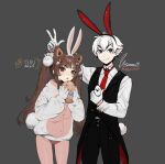  1boy 1girl :o animal_ears black_pants black_vest blue_eyes brown_eyes brown_hair closed_mouth collaboration commentary egg english_commentary extra_ears fake_animal_ears fang fang_out gloves highres holding holding_egg indie_virtual_youtuber leggings long_hair long_sleeves looking_at_viewer necktie open_mouth pants pointy_ears rabbit_ears red_necktie shirt smile standing tailcoat teru_(terupancake) terupancake twintails unsomnus vest w white_gloves white_hair white_shirt wing_collar wrist_cuffs 