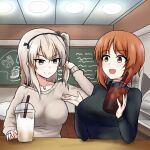  armorganger bangs black_ribbon black_shirt boko_(girls_und_panzer) breasts brown_eyes brown_hair casual chalkboard closed_mouth commentary cup disposable_cup drinking_straw elbow_rest eyebrows_visible_through_hair girls_und_panzer grey_sweater hair_ribbon hand_in_own_hair highres holding holding_cup indoors jewelry large_breasts light_brown_eyes light_brown_hair long_hair long_sleeves looking_at_another necklace nishizumi_miho older one_side_up open_mouth ribbon shimada_arisu shirt short_hair smile sweater turtleneck 