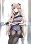  1girl absurdres alternate_costume bangs black_legwear blonde_hair breasts bullet chair closed_mouth commission dress embarrassed eyebrows_visible_through_hair feet_out_of_frame g3_(girls&#039;_frontline) girls_frontline grey_dress hair_ornament hairclip hand_on_own_cheek hand_on_own_face highres long_hair looking_at_viewer magazine_(weapon) medium_breasts mod3_(girls&#039;_frontline) pantyhose paper parted_lips pixiv_request simple_background sitting solo table turtleneck uniform violet_eyes zen_juraku 