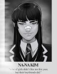  1girl andava bandaid bandaid_on_face bandaid_on_nose character_name english_text greyscale highres lips looking_at_viewer monochrome na-na_kim necktie nose original photo_(object) portrait solo yearbook 