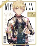  1boy artist_name background_text bakugou_katsuki barcode blonde_hair boku_no_hero_academia border bracelet brass_knuckles character_name cherry_blossoms collar copyright_name cover earrings ekita_kuro english_text eyebrows_visible_through_hair fashion floral_print foreground_text hand_in_pocket jewelry looking_at_viewer magazine_cover male_focus necklace red_eyes solo spiked_collar spikes spiky_hair sunglasses weapon white_background yellow_border 