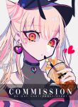  1girl bangs blonde_hair bubble_tea clark_niel commission earrings facial_mark fingernails hair_cones hat highres jewelry looking_at_viewer mochizuki_kei_(style) multicolored_hair open_mouth original pink_hair pink_nails red_eyes solo upper_body 