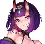  1girl bob_cut fang fang_out fate/grand_order fate_(series) headpiece highres horns inverted_bob looking_at_viewer purple_hair shuten_douji_(fate) simple_background smile solo ulrich_(tagaragakuin) violet_eyes white_background 
