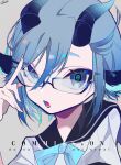  1girl animal_ears bangs blue_eyes blue_hair clark_niel close-up commission eyelashes face fingernails glasses goat_ears goat_horns hair_between_eyes highres horns looking_at_viewer mochizuki_kei_(style) open_mouth original pink_nails sailor_collar short_eyebrows short_hair solo 