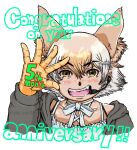  1girl animal_costume animal_ear_fluff animal_ears coyote_(kemono_friends) coyote_ears coyote_girl gloves kemono_friends kemono_friends_v_project looking_at_viewer multicolored_hair necktie open_mouth shirt short_hair simple_background skirt smile solo tail taku_san39 virtual_youtuber white_background 