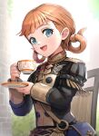  1girl :d annette_fantine_dominic bag bangs black_jacket blue_eyes blunt_bangs commentary_request cup fire_emblem fire_emblem:_three_houses garreg_mach_monastery_uniform gonzarez hair_rings hand_up handbag highres holding holding_cup jacket juliet_sleeves long_sleeves looking_at_viewer open_mouth orange_hair puffy_sleeves saucer short_hair smile solo teacup twintails upper_body 