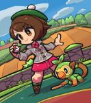  1girl blush bob_cut boots brick_wall brown_eyes brown_footwear brown_hair buttons cable_knit cardigan chibi closed_mouth clouds collared_dress commentary_request day dress gloria_(pokemon) green_headwear green_legwear grey_cardigan grookey hat holding holding_poke_ball hooded_cardigan ibara. outdoors pink_dress plaid plaid_legwear poke_ball poke_ball_(basic) pokemon pokemon_(creature) pokemon_(game) pokemon_swsh short_hair sky smile socks standing tam_o&#039;_shanter 