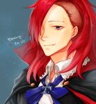  1boy artist_request blush collarbone cookie_run eyebrows fangs hair_over_one_eye humanization long_hair looking_at_viewer looking_down male_focus open_mouth personification redhead solo teeth vampire vampire_cookie violet_eyes white_background 