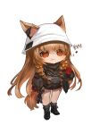  1girl :t animal_ears arknights black_footwear black_jacket black_legwear black_scarf black_shirt black_skirt boots brown_eyes brown_hair ceobe_(arknights) chain chibi closed_mouth commentary_request cross-laced_footwear dog_ears dog_girl dog_tail dokomon ears_through_headwear eating food full_body helmet highres holding holding_food jacket korean_commentary korean_text lace-up_boots long_hair long_sleeves mole_on_cheek open_clothes open_jacket puffy_long_sleeves puffy_sleeves scarf shirt simple_background skirt socks solo standing star_(symbol) tail very_long_hair wavy_mouth white_background white_headwear 