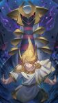  1boy absurdres black_sclera blonde_hair colored_sclera commentary_request energy giratina giratina_(altered) grin highres jewelry legs_apart looking_at_viewer male_focus naoki_eguchi necklace open_mouth pants pokemon pokemon_(game) pokemon_legends:_arceus red_eyes shirt smile teeth volo_(pokemon) white_shirt 