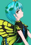  1girl antennae aqua_background aqua_hair brown_eyes butterfly_wings closed_mouth dress eternity_larva fairy green_dress highres leaf leaf_on_head multicolored_clothes multicolored_dress one-hour_drawing_challenge short_hair short_sleeves silvspnsilvspn simple_background solo touhou upper_body wings 
