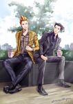  2boys ace_attorney beard belt black_footwear black_shirt cup day disposable_cup facial_hair formal jacket larry_butz male_focus multiple_boys outdoors phoenix_wright shirt sitting spiky_hair suit tree twitter_username wakadori yellow_jacket 