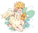  1other :d androgynous angel_cookie angel_wings artist_request blonde_hair blue_eyes commentary cookie_run english_commentary eyebrows_visible_through_hair feathered_wings full_body happy holding holding_wand humanization open_mouth short_hair simple_background smile solo teeth upper_teeth wand white_background white_wings wings 