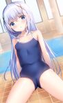  1girl :o bangs bare_arms bare_shoulders blue_eyes blue_hair blue_swimsuit blush breasts commentary_request covered_navel day eyebrows_visible_through_hair gochuumon_wa_usagi_desu_ka? hair_between_eyes hair_ornament highres indoors kafuu_chino looking_at_viewer on_floor one-piece_swimsuit parted_lips pizzzica school_swimsuit sitting small_breasts solo sunlight swimsuit tile_floor tiles water window x_hair_ornament 