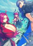  armored_boots blue_eyes boots breasts dragon_horns elizabeth_bathory_(fate) elizabeth_bathory_(fate/extra_ccc) fate/extra fate/extra_ccc fate_(series) flat_chest francis_drake_(fate) highres horns large_breasts long_hair melon22 meltryllis_(fate) navel pink_hair pirate purple_hair ribbon scar scar_on_face violet_eyes 