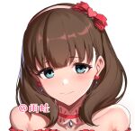  1girl blue_eyes blush bow bow_earrings brown_hair closed_mouth earrings hair_bow hairband highres idolmaster idolmaster_cinderella_girls jewelry looking_at_viewer medium_hair portrait red_bow sakuma_mayu simple_background smile solo ulrich_(tagaragakuin) white_background 