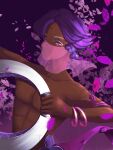  1boy absurdres arabian_clothes artist_request bracelet colored_eyelashes cookie_run dark-skinned_male dark_skin flower hair_flower hair_ornament highres humanization jewelry lilac_cookie looking_at_viewer personification petals purple_background purple_hair short_hair solo topless topless_male violet_eyes 