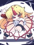 1girl alcohol blonde_hair chibi clenched_hand cup eyebrows_visible_through_hair fried_rice0614 full_body geta highres holding holding_cup horns hoshiguma_yuugi long_hair one-hour_drawing_challenge puffy_short_sleeves puffy_sleeves red_eyes red_horns sakazuki sake shirt short_sleeves single_horn skirt smug solo touhou white_shirt white_skirt