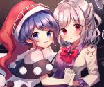  2girls bangs blue_eyes blue_hair bow bowtie doremy_sweet eyebrows_visible_through_hair grey_hair hat highres holding_hands jacket kishin_sagume light_particles long_sleeves looking_at_viewer moshihimechan multiple_girls nightcap open_mouth pom_pom_(clothes) red_bow red_bowtie red_eyes red_headwear short_hair smile suit_jacket touhou upper_body white_jacket 