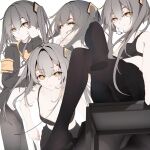  1girl absurdres bangs black_legwear commentary_request expressionless eyebrows_visible_through_hair flat_chest girls_frontline grey_hair grin hair_between_eyes hair_ornament highres jacket long_hair long_yue_(sskylarks) looking_at_viewer multiple_views no_pants one_side_up orange_eyes panties panties_under_pantyhose pantyhose scar scar_across_eye scar_on_face shirt skirt smile ump45_(girls&#039;_frontline) underwear white_shirt 