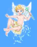  1other :d androgynous angel_cookie angel_wings blonde_hair blue_eyes commentary cookie_run english_commentary eyebrows_visible_through_hair feathered_wings full_body happy holding holding_wand leecheie open_mouth short_hair simple_background smile solo teeth upper_teeth wand white_background white_wings wings 