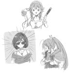  3girls alternate_costume alternate_hairstyle bare_shoulders closed_eyes collarbone comb dot_nose gloves greyscale hair_dryer holding holding_comb holding_hair_dryer hololive hololive_english jewelry kisuu_(oddnumberr_) long_hair monochrome multiple_girls nanashi_mumei necklace open_mouth ouro_kronii partially_fingerless_gloves ponytail short_hair sketch solid_circle_eyes sunglasses takanashi_kiara triangle_mouth virtual_youtuber 