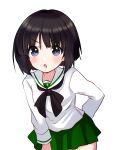  1girl airi_(akamichiaika) arm_behind_back bangs black_eyes black_hair black_neckerchief blouse blunt_bangs blunt_ends blush bob_cut commentary cowboy_shot eyebrows_visible_through_hair frown girls_und_panzer green_skirt highres leaning_forward long_sleeves looking_at_viewer miniskirt neckerchief ooarai_school_uniform open_mouth pleated_skirt sailor_collar school_uniform serafuku shirt short_hair simple_background skirt solo sono_midoriko standing white_background white_sailor_collar white_shirt 