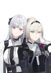  2girls absurdres ak-12_(girls&#039;_frontline) an-94_(girls&#039;_frontline) aqua_eyes armor artist_name bangs blonde_hair blue_gloves breasts chilli_646 closed_mouth defy_(girls&#039;_frontline) eyebrows_visible_through_hair girls_frontline gloves hair_ribbon hairband harness highres long_hair long_sleeves looking_at_viewer medium_breasts mod3_(girls&#039;_frontline) multiple_girls open_mouth pink_eyes ponytail ribbon shirt small_breasts tactical_clothes upper_body white_background white_hair white_shirt 