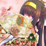  1girl bangs blue_eyes blush brown_hair commentary_request covered_mouth double_bun eyebrows_visible_through_hair floral_print flower folding_fan hair_between_eyes hand_fan hinamatsuri holding holding_fan japanese_clothes kimono layered_clothes layered_kimono long_hair long_sleeves looking_at_viewer peach_blossom pink_background pink_flower print_kimono rinne_(sennen_sensou_aigis) sennen_sensou_aigis shiny shiny_hair sideways_glance sleeves_past_fingers sleeves_past_wrists solo wide_sleeves yomerinne 