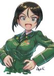  1girl :d artist_name bangs black_eyes black_hair chouno_ami commentary cropped_torso dress_shirt girls_und_panzer green_jacket green_necktie hands_on_hips highres jacket japan_ground_self-defense_force japan_self-defense_force kuroneko_douji long_sleeves looking_at_viewer military military_uniform necktie open_mouth shirt short_hair signature simple_background sketch smile solo swept_bangs uniform white_background white_shirt wing_collar 