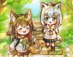  2girls ahoge animal_ear_fluff animal_ears backpack bag bangs black_hair black_shorts blush braid closed_eyes commentary_request eyebrows_visible_through_hair forest fox_ears fox_girl fox_tail green_eyes green_skirt hair_between_eyes hair_ornament hairclip highres hololive hood hoodie kujirako_(user_wusc5438) long_hair long_sleeves looking_at_another multicolored_hair multiple_girls nature ookami_mio open_mouth outdoors picnic_basket pleated_skirt redhead shirakami_fubuki shirt short_shorts shorts sidelocks single_braid skirt smile stairs streaked_hair tail twitter_username virtual_youtuber white_hair white_hoodie white_shirt wolf_ears wolf_girl wolf_tail 