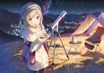  1girl black_legwear blush brown_eyes coffee coffee_cup cup disposable_cup dress hat highres kantoku light_brown_hair long_hair looking_at_viewer night original shooting_star sky solo star_(sky) starry_sky sweater sweater_dress white_sweater 