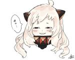  1girl abyssal_ship ahoge anya&#039;s_heh_face_(meme) black_eyes blush furochia highres horns kantai_collection long_hair meme northern_ocean_princess open_mouth pale_skin parody signature simple_background smug solo speech_bubble spy_x_family white_background white_hair 