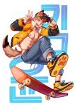  1boy abs animal_ears brown_eyes brown_hair chain collared_jacket denim fangs hand_on_headwear hat highres hood hoodie jacket jeans large_pectorals male_focus mondoart1 muscular muscular_male nipples open_mouth original pants pectorals shoes skateboard skateboarding solo spiky_hair tail thick_eyebrows tongue topless_male v 