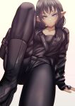  1girl black_hair boots breasts elf eyebrows_visible_through_hair fingerless_gloves gloves highres jacket kein_hasegawa long_hair looking_at_viewer medium_breasts original pointy_ears science_fiction thighs twintails violet_eyes 