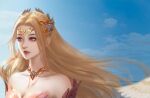  1girl absurdres bare_shoulders bibi_dong_zhuye blonde_hair blue_eyes blue_sky clouds douluo_dalu expressionless hair_ornament highres long_hair looking_to_the_side ocean qian_renxue_(douluo_dalu) sky solo upper_body wings 