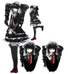  1girl ayame_(redluzhong) bangs black_hair bonnet celestia_ludenberg closed_mouth danganronpa:_trigger_happy_havoc danganronpa_(series) drill_hair english_commentary gothic_lolita grey_background highres leg_up lolita_fashion long_hair long_sleeves multiple_views necktie own_hands_together red_eyes red_footwear red_necktie simple_background sketch standing thigh-highs twin_drills twintails 