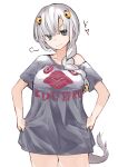  1girl =3 bare_shoulders braid closed_mouth copyright_request doyagao extra_eyes grey_eyes grey_hair hair_over_shoulder highres looking_at_viewer monster_girl naked_shirt okbnkn shirt short_sleeves simple_background smile smug solo standing tail white_background 