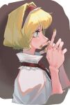  1girl alice_margatroid blonde_hair blue_eyes capelet covering_mouth frogsnake hair_intakes hairband hands_up index_finger_raised lolita_hairband nail_polish necktie portrait profile red_hairband red_necktie short_hair simple_background solo touhou white_capelet yellow_nails 