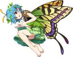  1girl antennae aqua_hair artist_request barefoot blush butterfly_wings dress eternity_larva fairy full_body green_dress leaf leaf_on_head multicolored_clothes multicolored_dress open_mouth red_eyes short_hair short_sleeves smile solo touhou touhou_danmaku_kagura wings 