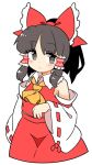  1girl ascot black_eyes black_hair bow closed_mouth detached_sleeves eyebrows_visible_through_hair hair_bow hair_tubes hakurei_reimu ini_(inunabe00) looking_at_viewer nontraditional_miko red_bow red_shirt red_skirt ribbon-trimmed_sleeves ribbon_trim shirt short_hair simple_background skirt solo touhou white_background yellow_ascot 