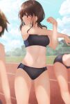  3girls ass_visible_through_thighs bent_over black_buruma black_sports_bra breasts brown_eyes brown_hair buruma clouds commentary_request expressionless highres looking_away looking_to_the_side midriff minato_ojitan multiple_girls navel original outdoors outstretched_arm running_track short_hair sky small_breasts sports_bikini sports_bra stretch tan tanlines thighs track_and_field 