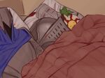  1other artorias_the_abysswalker blush blush_visible_through_clothes chosen_undead comfy dakimakura_(object) dark_souls_(series) dark_souls_i helmet highres lying meme on_back photo-referenced pillow sleeping_crusader_(meme) sleepysolaire solaire_of_astora under_covers 
