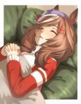  1girl animal_ears brown_hair closed_eyes commentary couch hair_ornament hairclip hat highres horse_ears jacket long_hair lying matikane_tannhauser_(umamusume) multicolored_hair on_back on_couch open_mouth own_hands_clasped own_hands_together sleeping solo streaked_hair thin_(suzuneya) track_jacket two-tone_hair umamusume white_hair 
