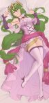  1girl boots dress ebinku fire_emblem fire_emblem:_mystery_of_the_emblem green_eyes green_hair highres jewelry long_hair looking_at_viewer lying nagi_(fire_emblem) necklace on_back pink_dress pink_sash pointy_ears purple_sleeves sash thigh-highs thigh_boots very_long_hair white_footwear 
