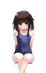  1girl :o arms_behind_back bangs bare_arms bare_shoulders blue_swimsuit blush brown_hair collarbone commentary_request covered_navel feet_out_of_frame foreshortening highres invisible_chair izawa_(bhive003) kono_subarashii_sekai_ni_shukufuku_wo! looking_at_viewer medium_hair megumin red_eyes school_swimsuit sitting solo swimsuit 