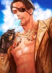  1boy abs aomi_nekosuki black_hair blue_sky brown_eyes chain chain_necklace commentary_request eyepatch food gloves gold_chain irezumi jacket leather leather_gloves majima_gorou one-eyed open_clothes open_jacket popsicle ryuu_ga_gotoku sky snake_print summer sweat sweatdrop tattoo 