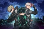  3boys bakugou_katsuki black_bodysuit black_gloves blonde_hair bodysuit boku_no_hero_academia cityscape closed_mouth clouds commentary_request covered_mouth eye_mask freckles frown gloves green_eyes green_hair hand_up highres korean_commentary looking_at_viewer male_focus midoriya_izuku misa_(jjin_miryeon) multicolored_hair multiple_boys night open_mouth red_eyes redhead short_hair signature spiky_hair split-color_hair standing todoroki_shouto twitter_username two-tone_hair white_hair 