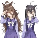  2girls agnes_tachyon_(umamusume) ahoge alternate_hair_length alternate_hairstyle amano_kokoko animal_ears black_hair bow bowtie brown_hair chemical_structure ears_down hand_up highres holding holding_hair horse_ears horse_girl horseshoe_ornament long_hair long_sleeves manhattan_cafe_(umamusume) medium_hair multicolored_hair multiple_girls open_mouth pleated_skirt purple_shirt purple_skirt red_eyes sailor_collar sailor_shirt school_uniform serafuku shirt skirt symbol-only_commentary tracen_school_uniform two-tone_hair umamusume white_bow white_bowtie white_hair yellow_eyes 